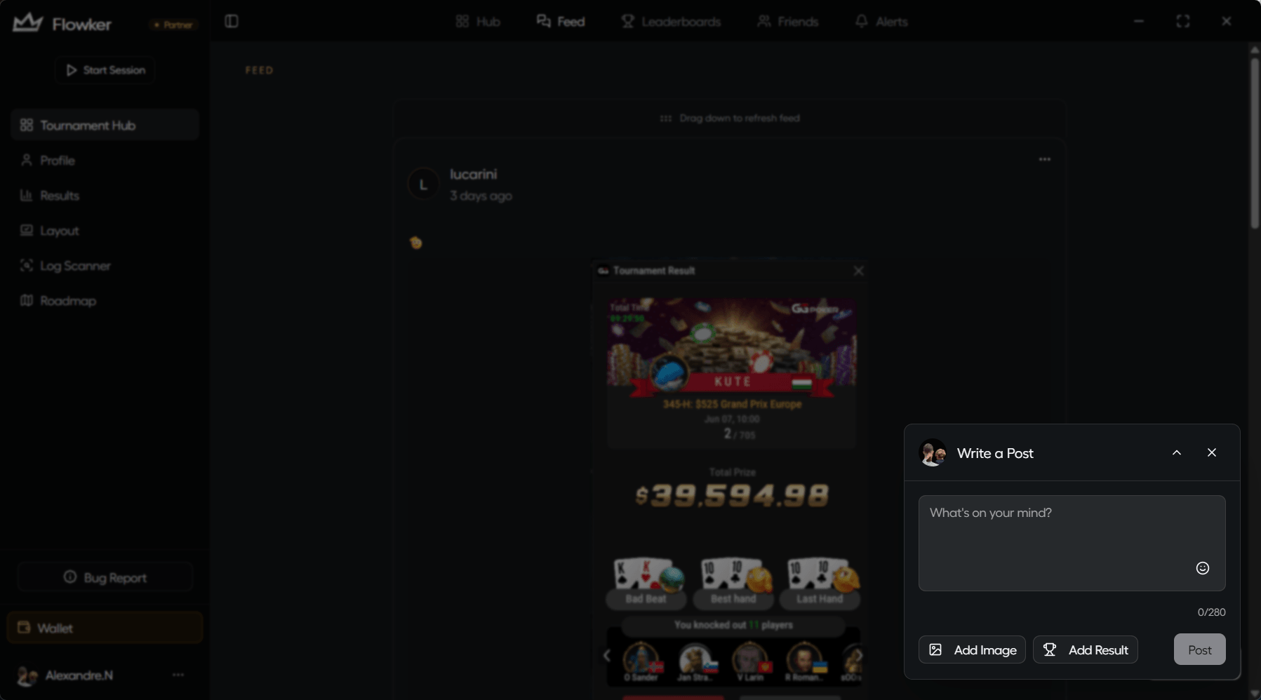 Flowker Tournament Hub feed with tournament result posts